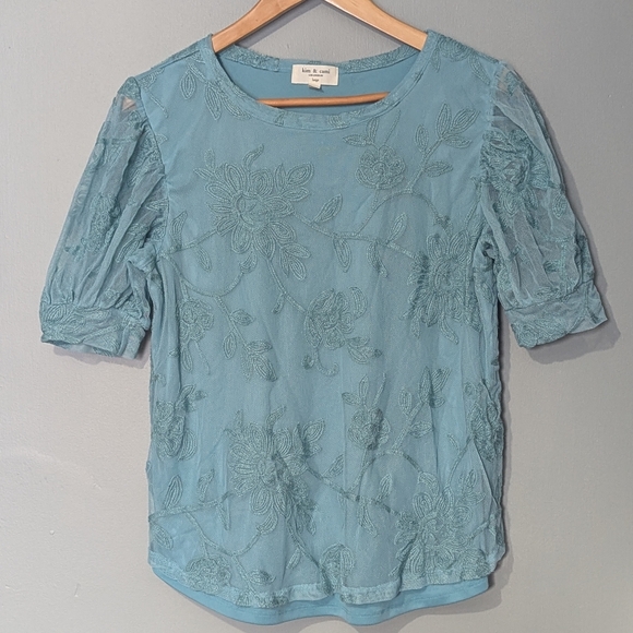 Kim & Cami Tops - Kim & Cami Los Angeles Women's Large Blue Embroidered Mesh Short Puff Sleeve Top